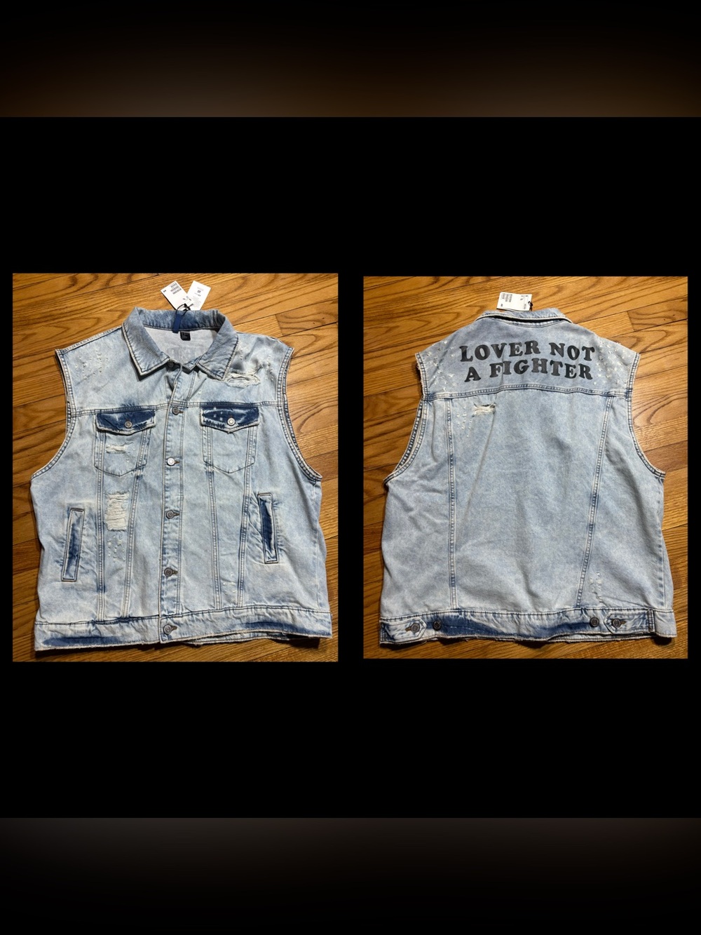 New H&M Denim Vest with Printed Design Light Distressed denim Men’s Sz XL New!!!